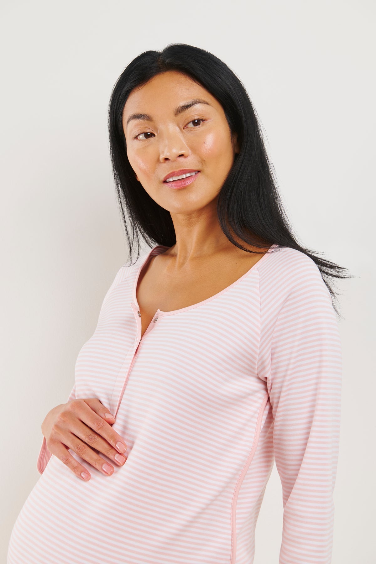 Pima Maternity Long Sleeve Nightgown in English Rose Stripe