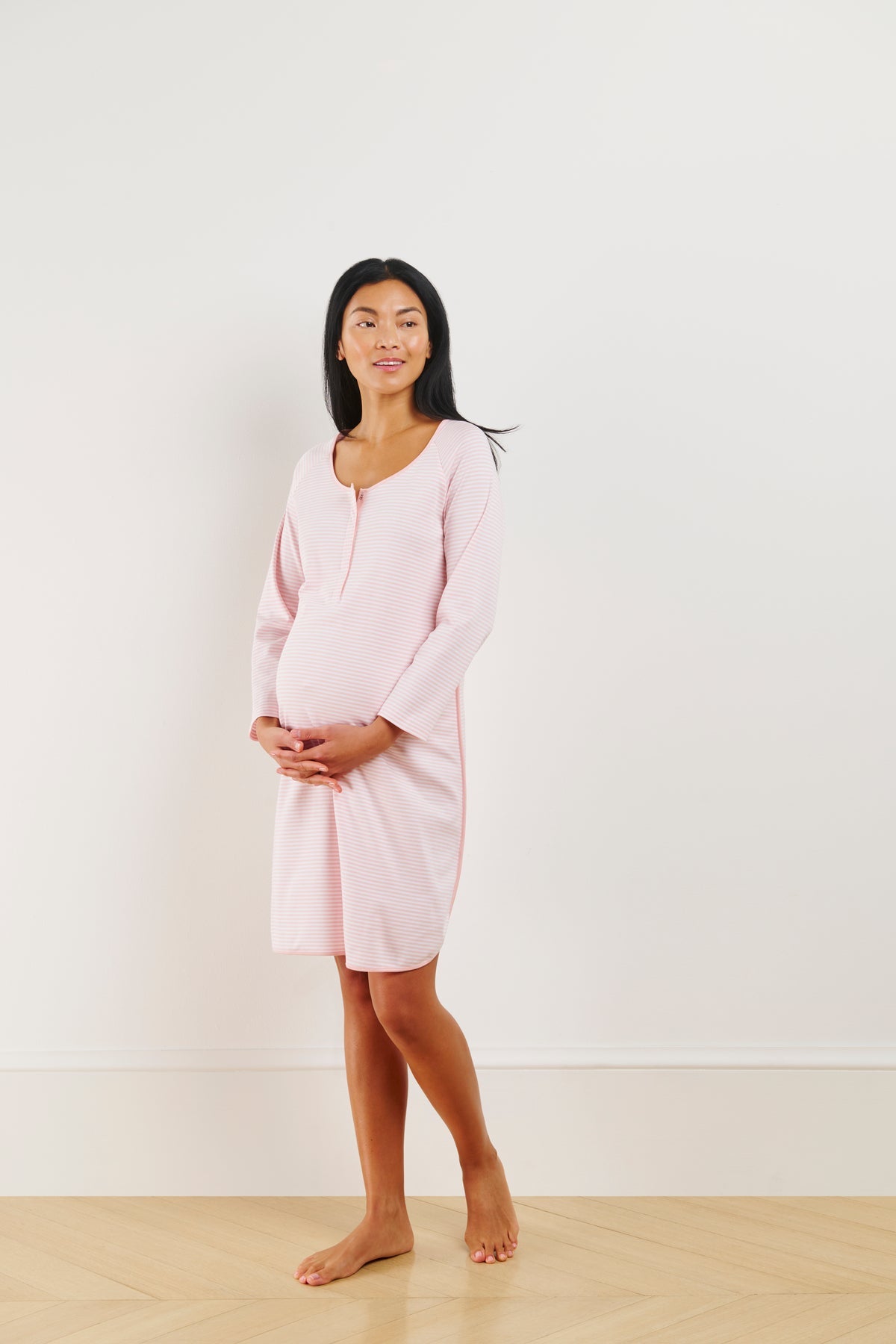 Pima Maternity Long Sleeve Nightgown in English Rose Stripe