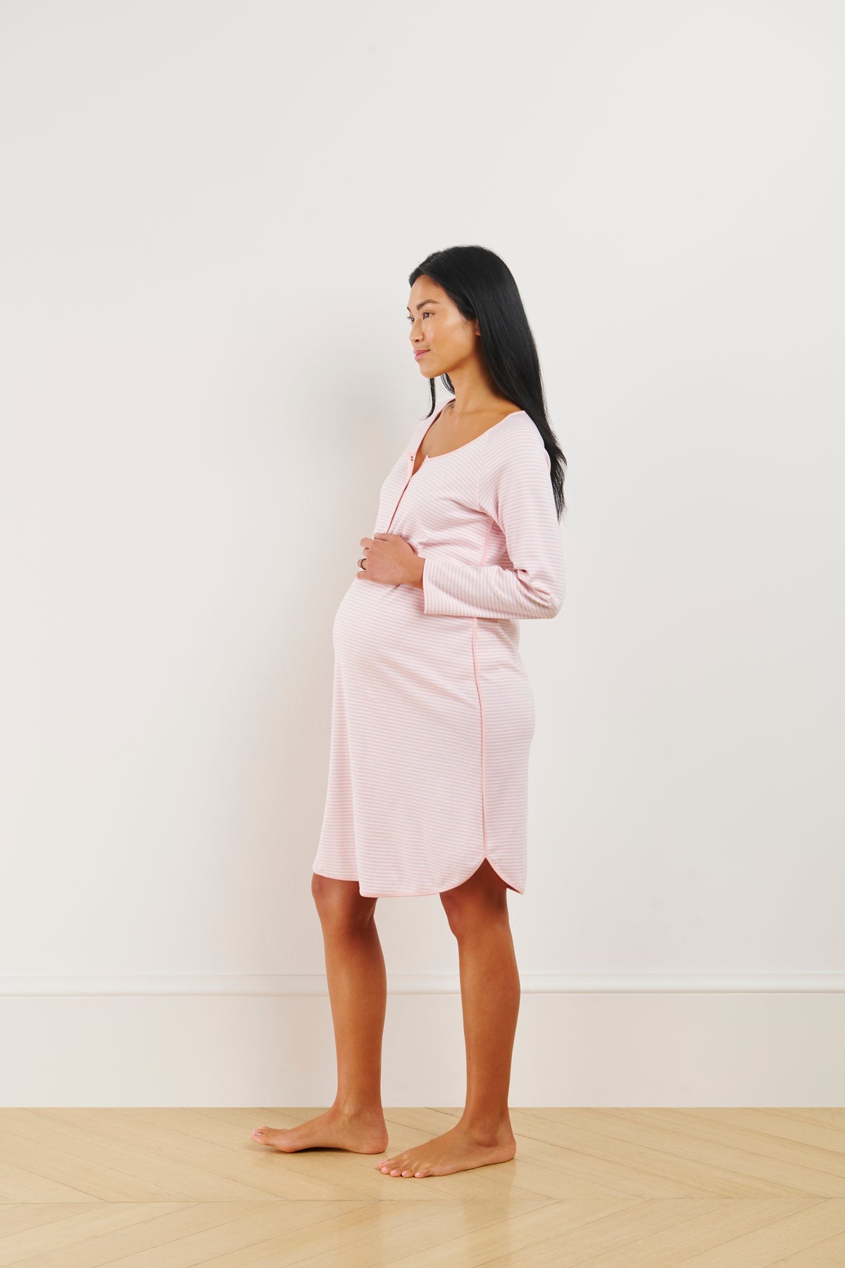 Pima Maternity Long Sleeve Nightgown in English Rose Stripe