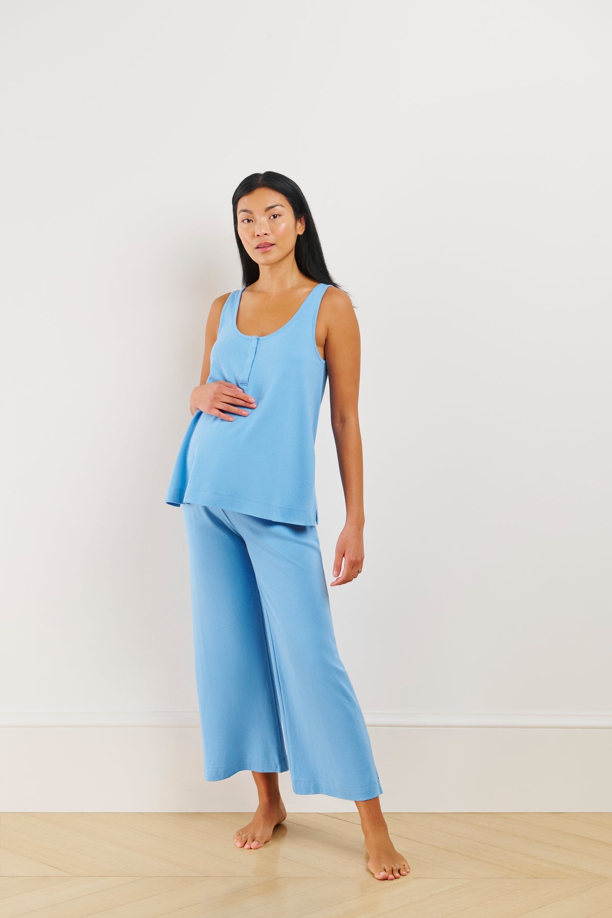 Pointelle Maternity Wide Leg Tank Set in Serene Blue