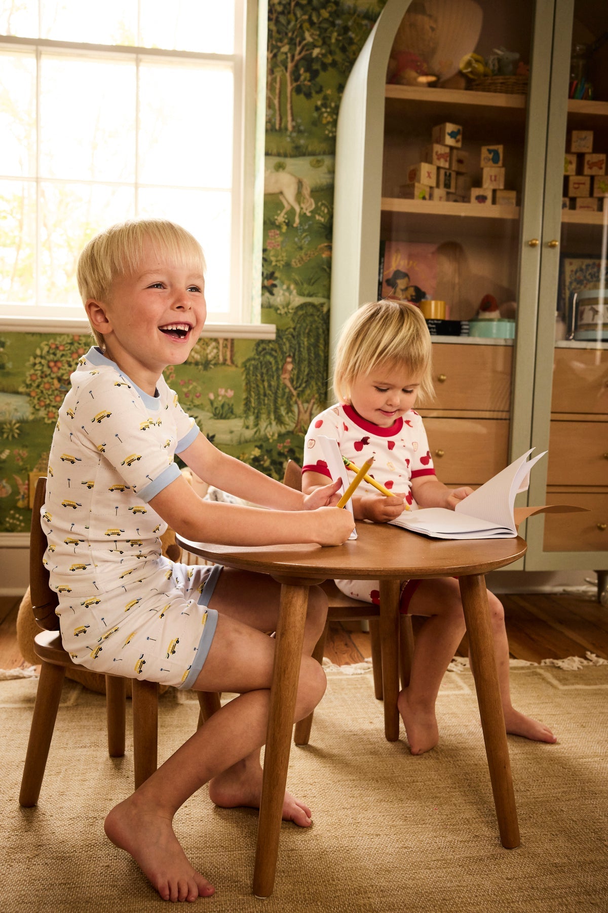 Kids Shorts Set in Morning Light School Buses