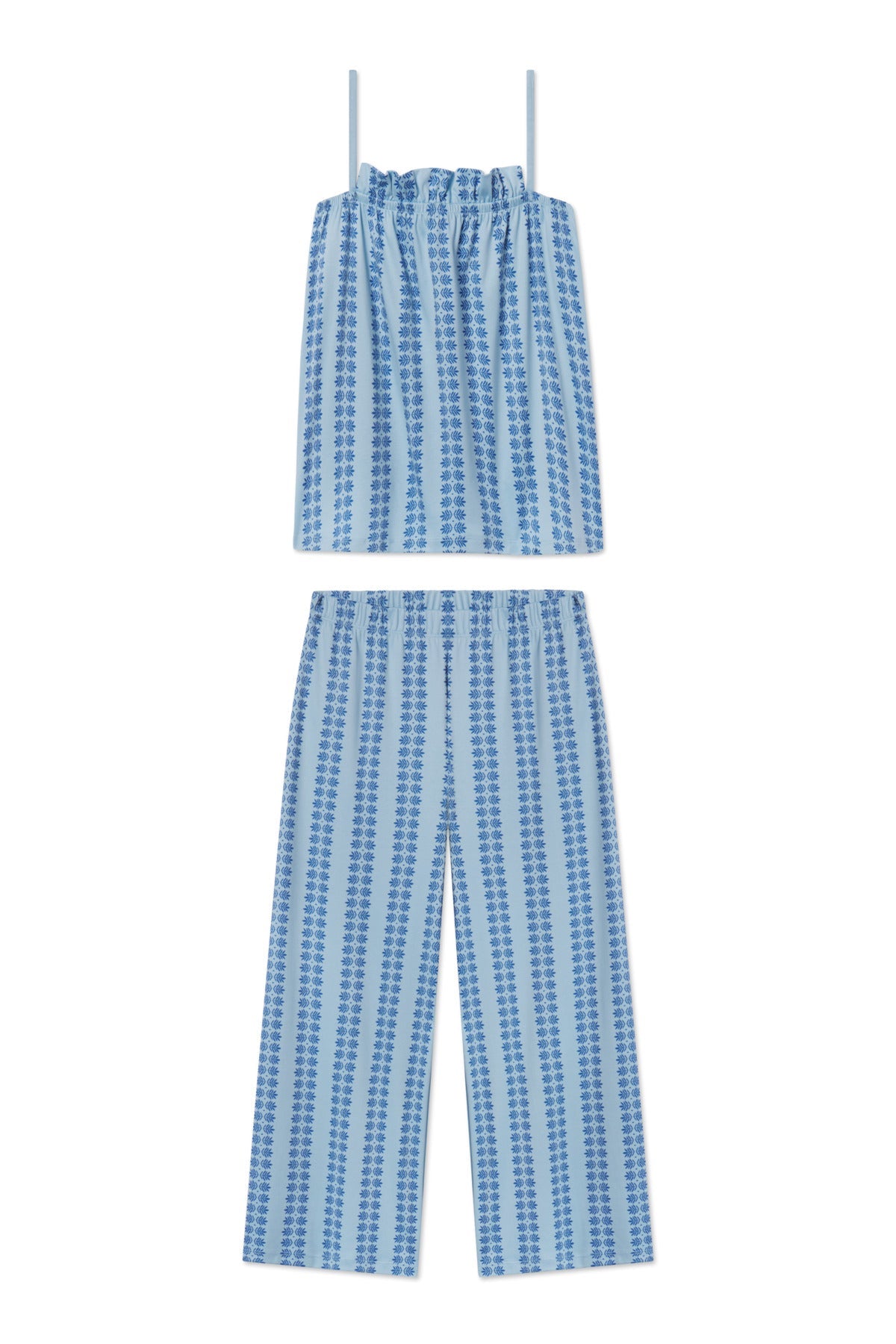 Pima Ruffle Pants Set in French Blue Trellis