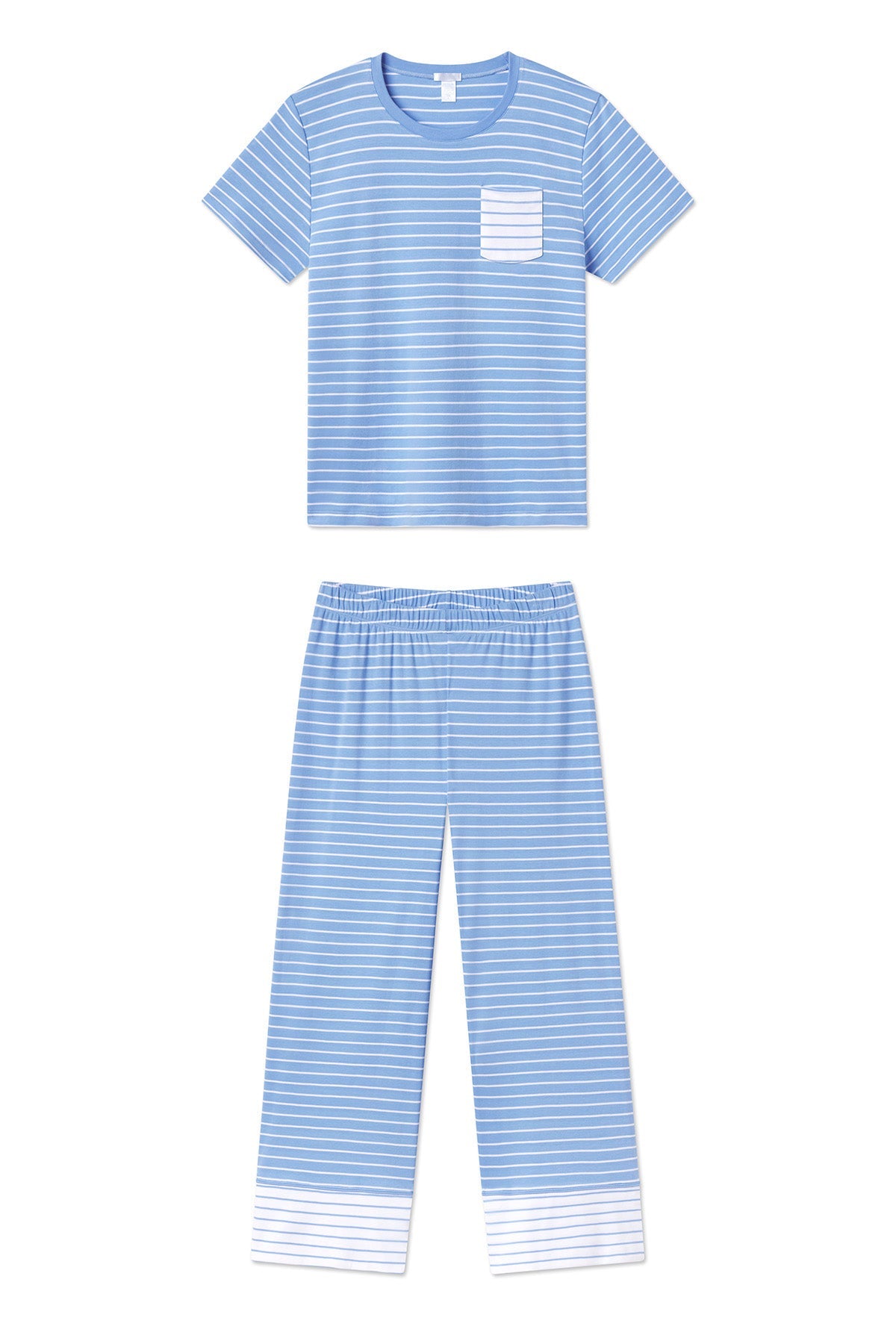 Pima Crew Wide Leg Pajama Set in Mixed Baltic Blue Stripe