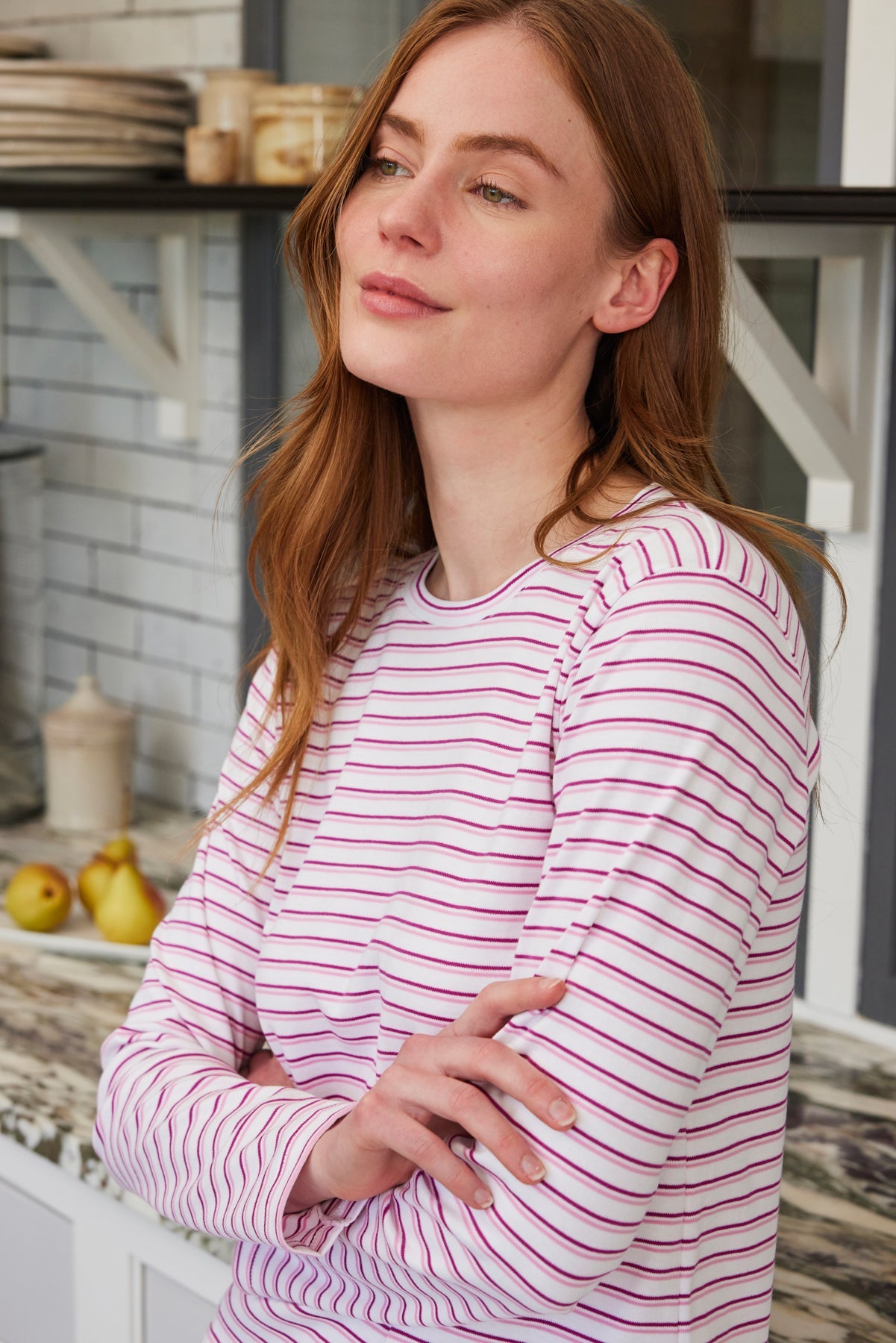 Pima Crew Long-Long Set in Dahlia Double Stripe