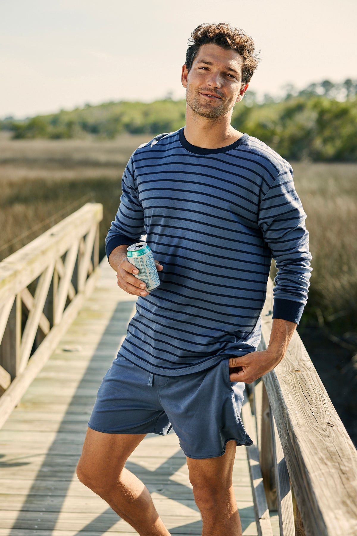 Men's Pima Long-Short Set in Ocean Blue Stripe