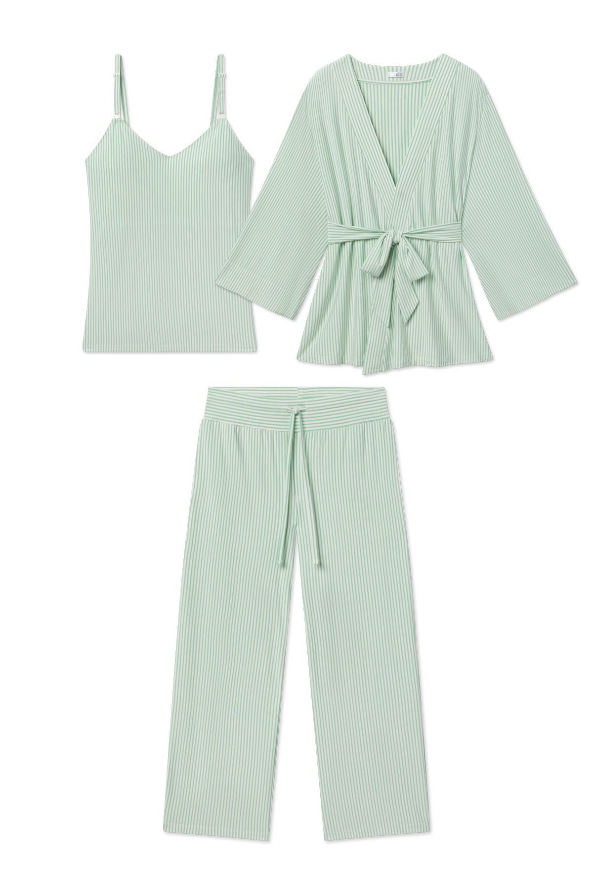 Maternity DreamModal Kimono Three-Piece Set in Parisian Green Pencil Stripe