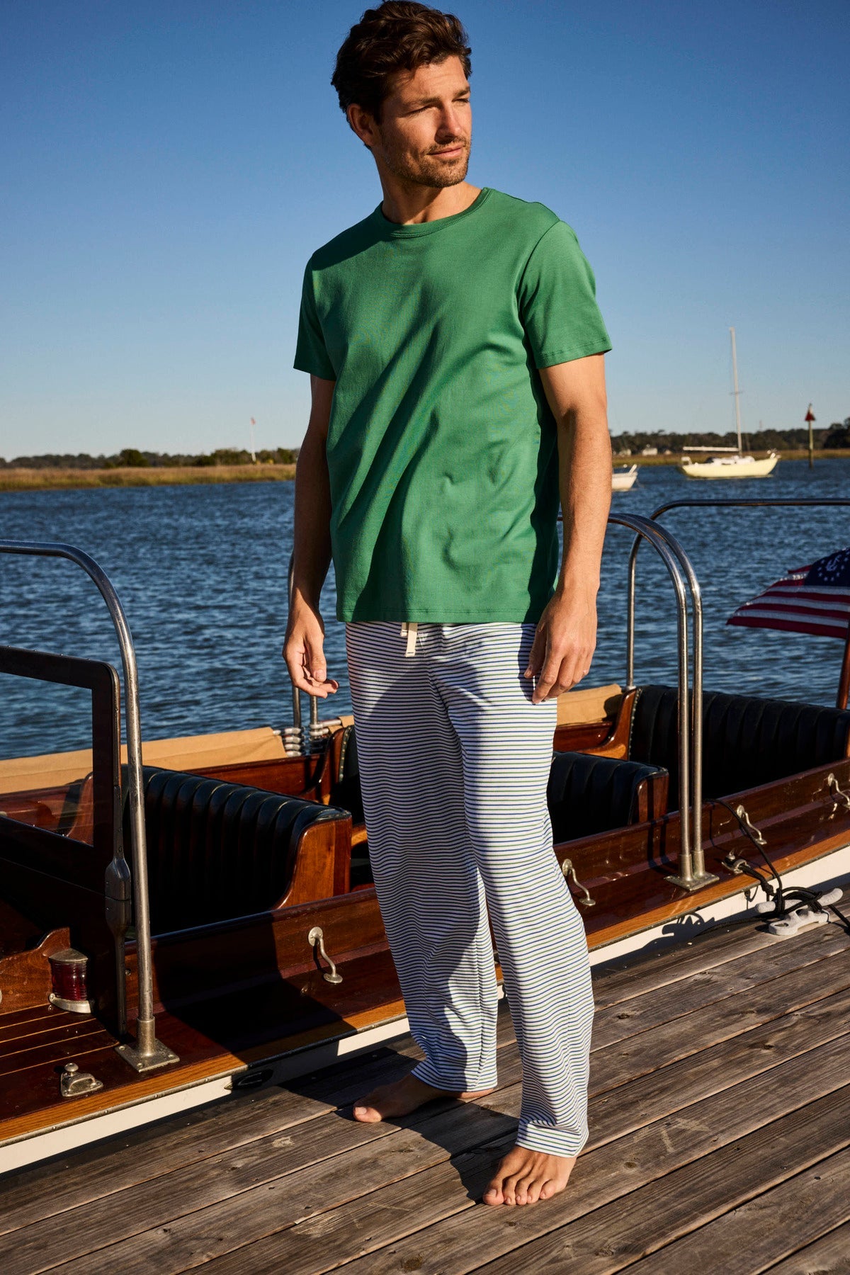 Men's Pima Sleep Short-Long Set in Viridian Surf Stripe