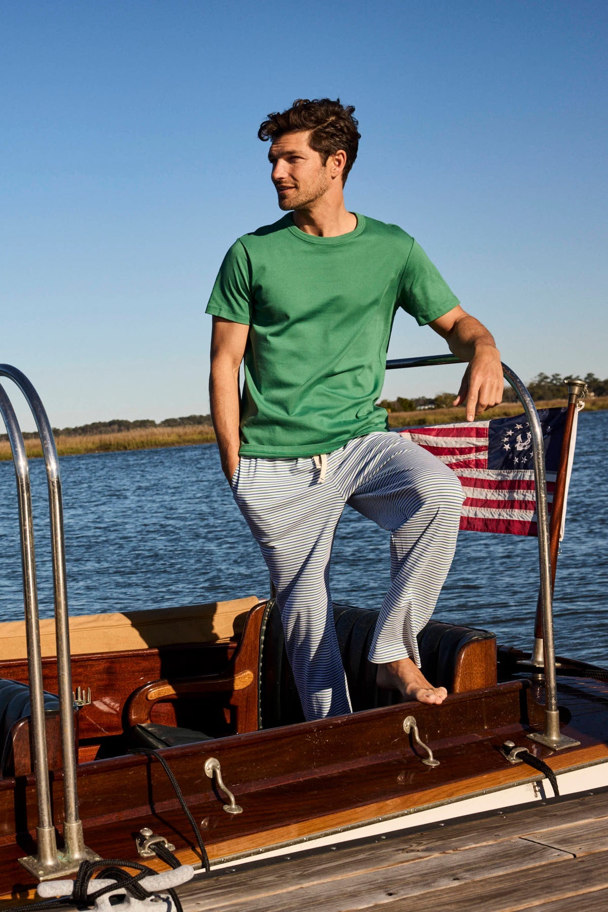 Men's Pima Sleep Short-Long Set in Viridian Surf Stripe