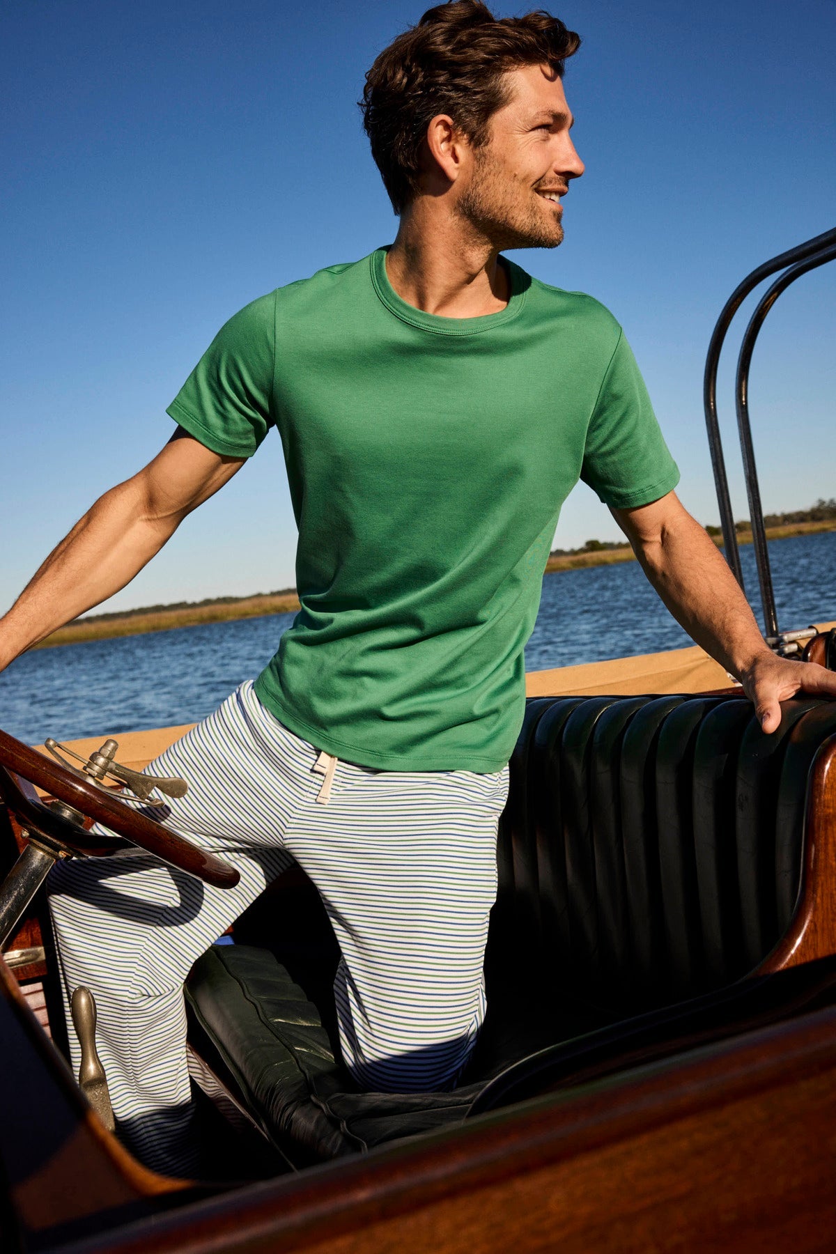 Men's Pima Sleep Short-Long Set in Viridian Surf Stripe