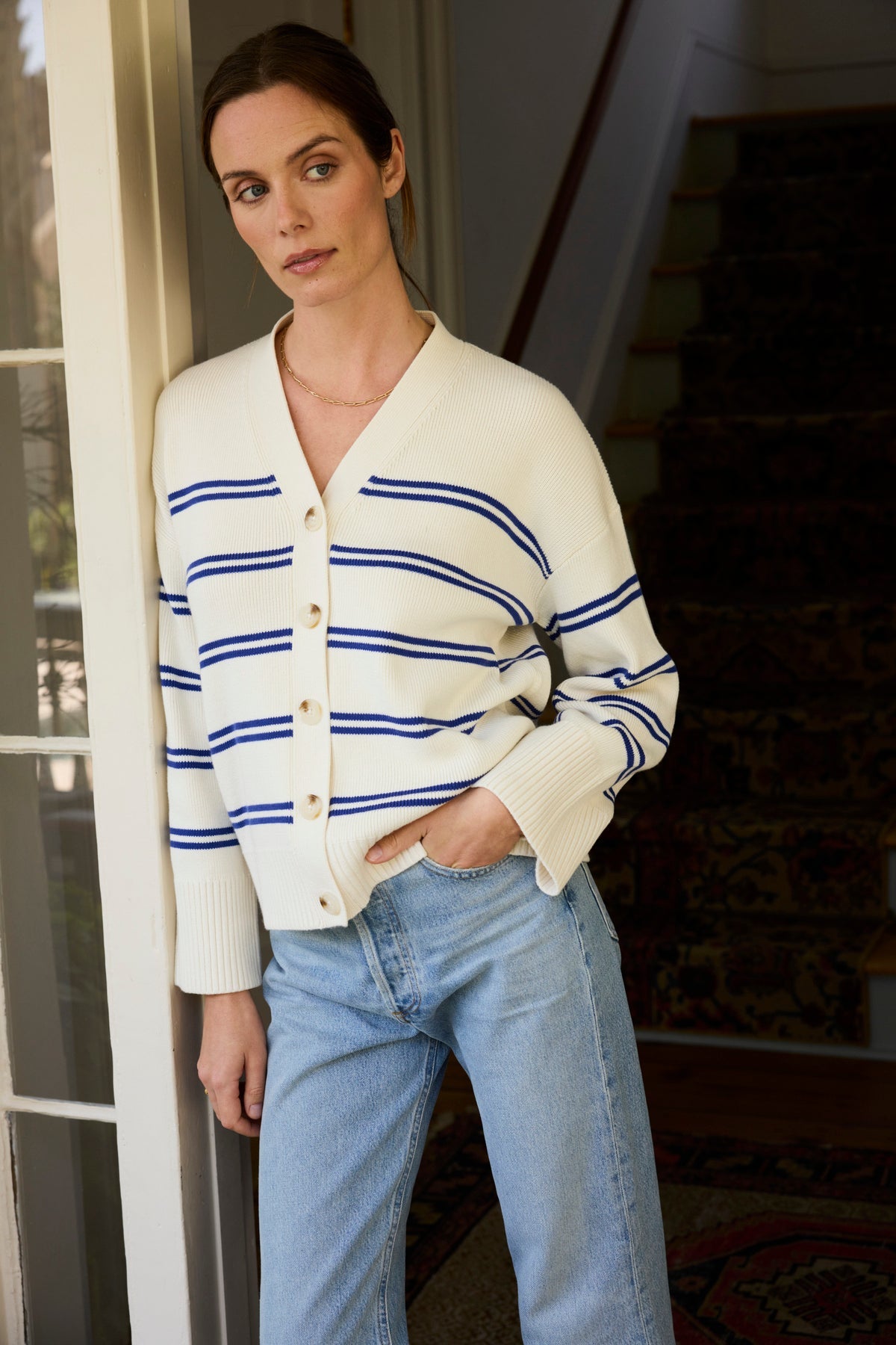 Nora Cardigan in Ivory Caspian Stripe