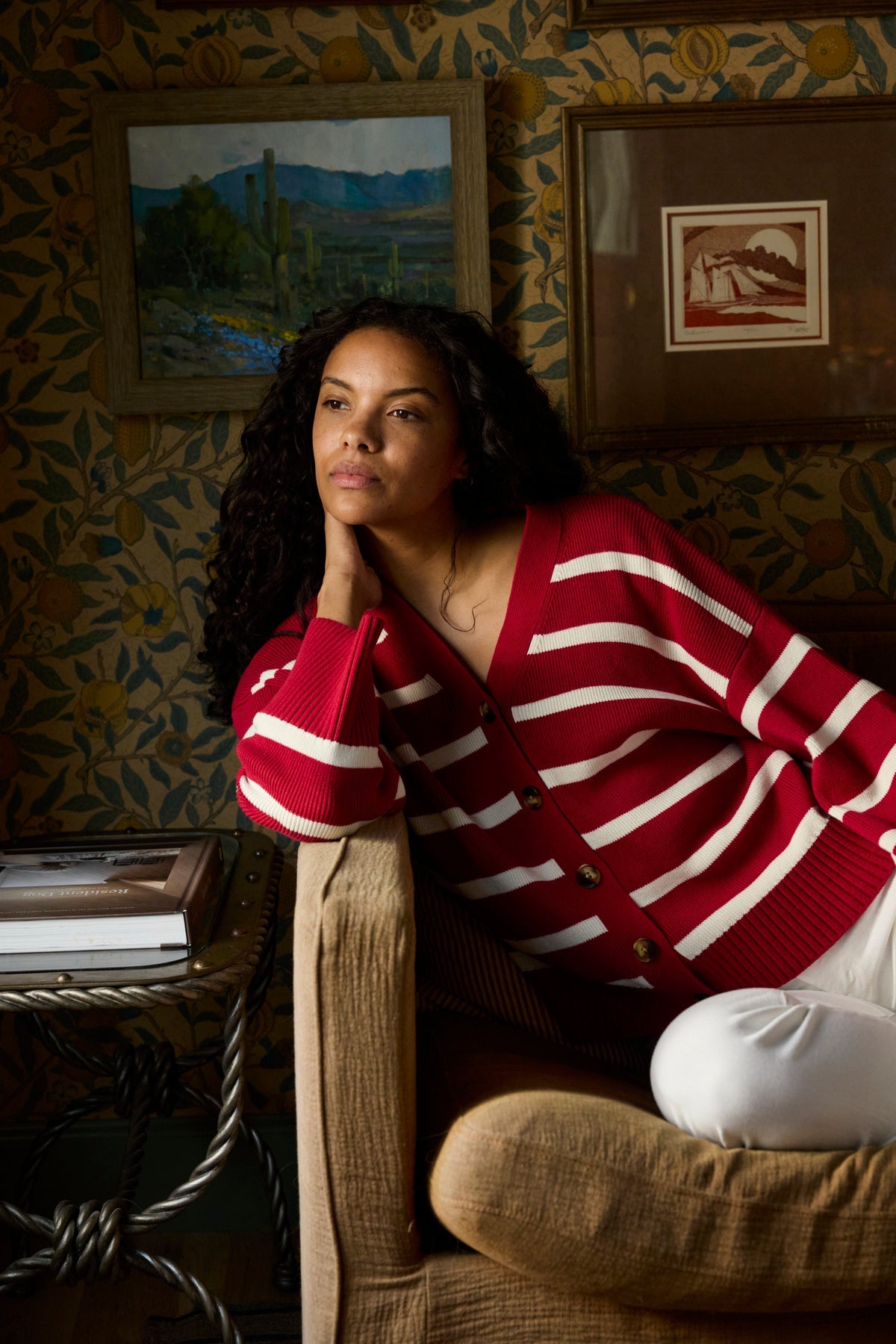 Nora Cardigan in Ivory Crimson Inverse Stripe
