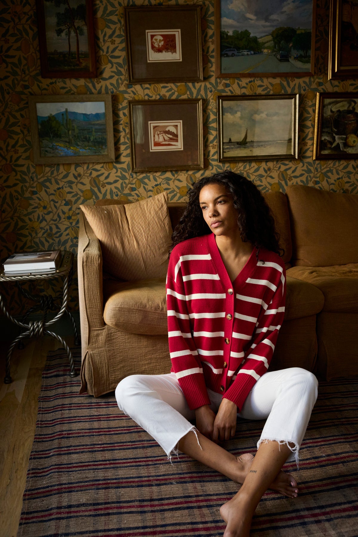 Nora Cardigan in Ivory Crimson Inverse Stripe