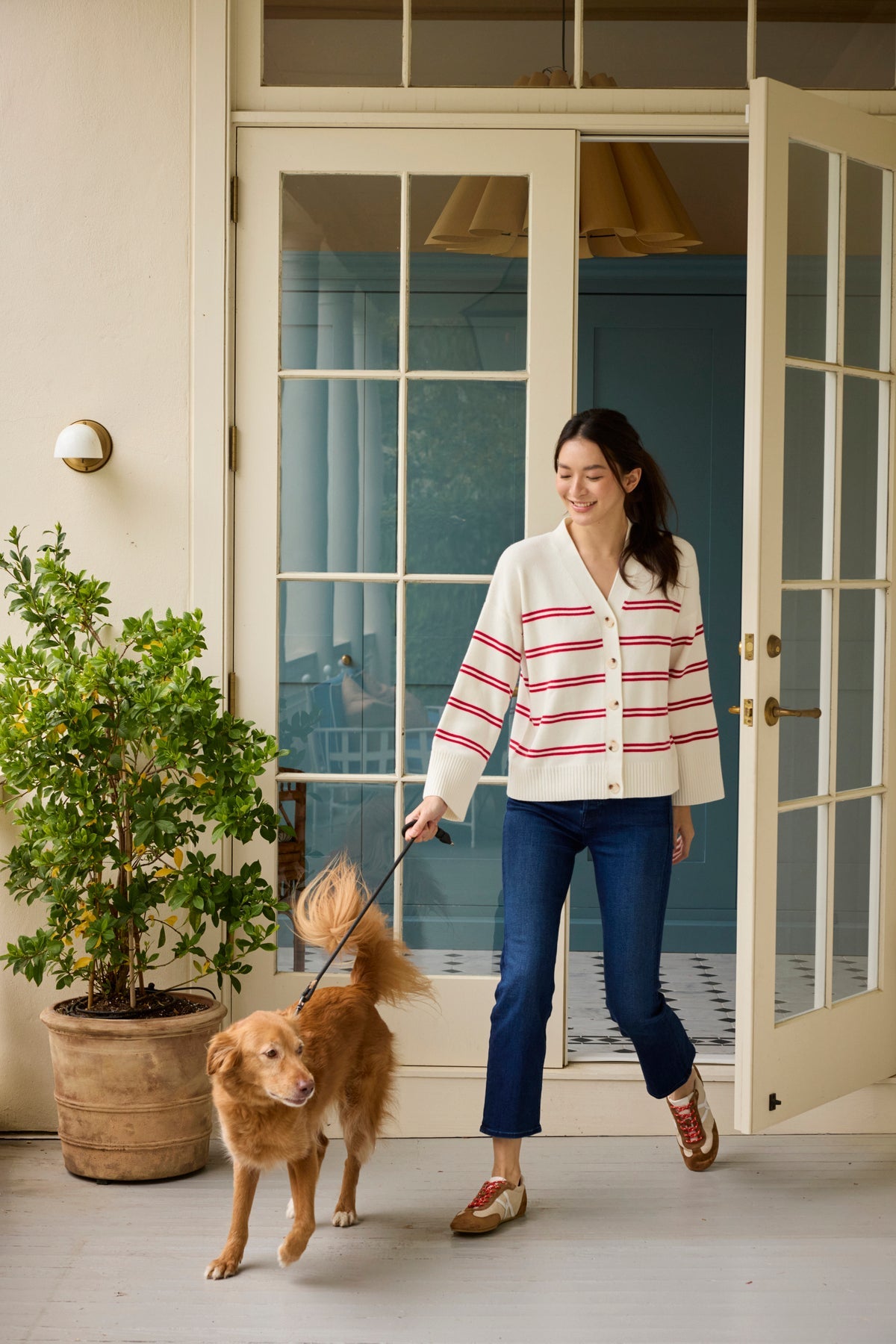 Nora Cotton Cardigan in Ivory Red Stripe
