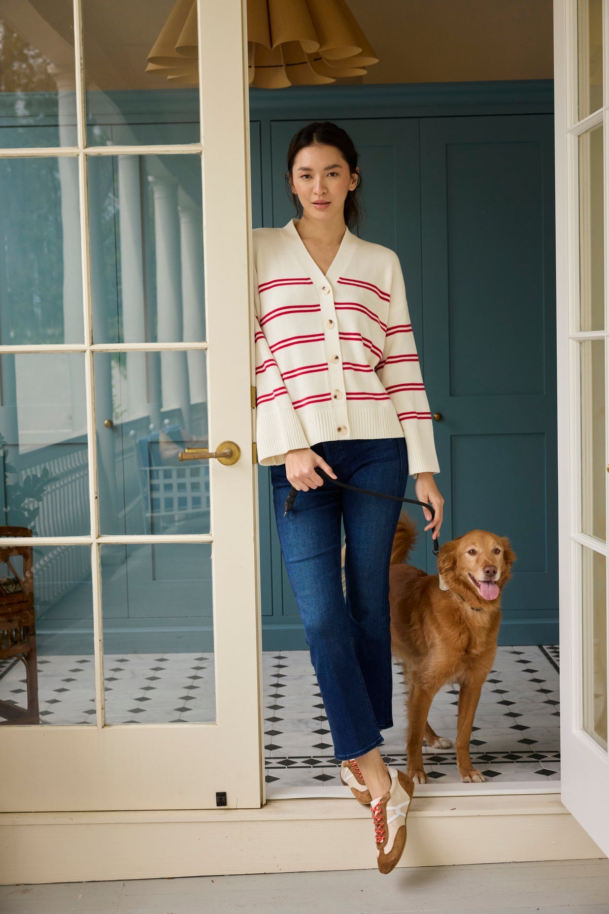 Nora Cotton Cardigan in Ivory Red Stripe