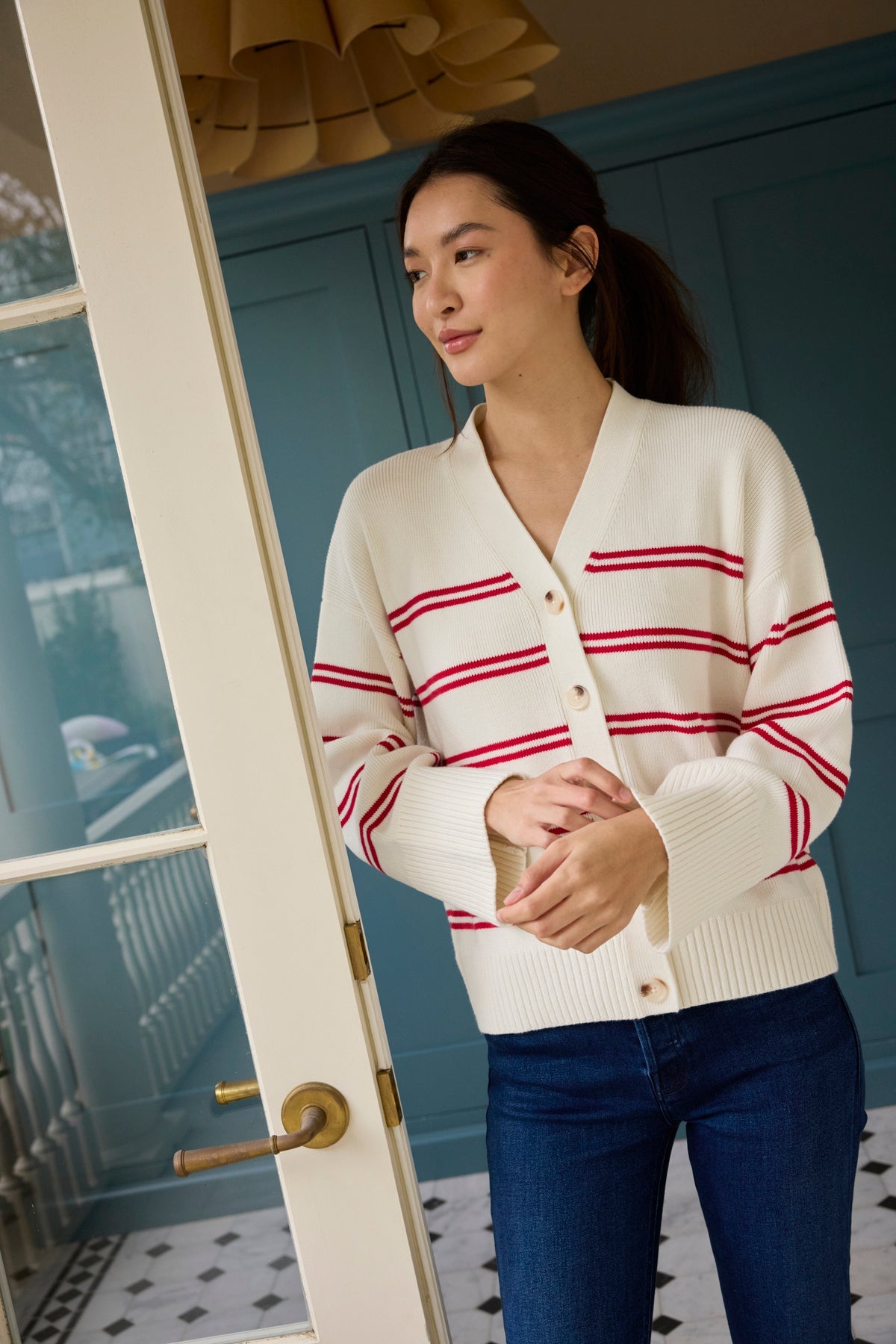 Nora Cotton Cardigan in Ivory Red Stripe