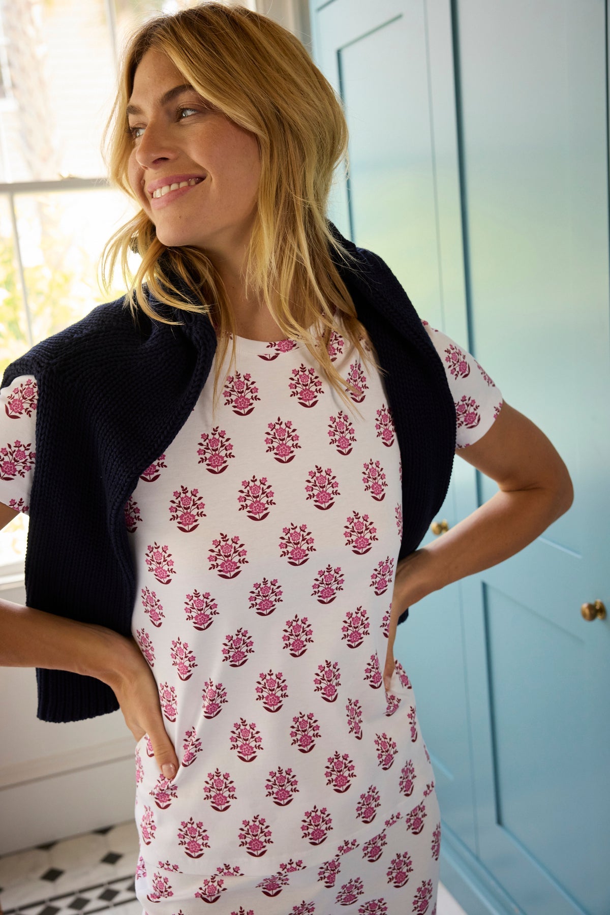 Pima Crew Short-Long Set in Cabernet Cottage Floral