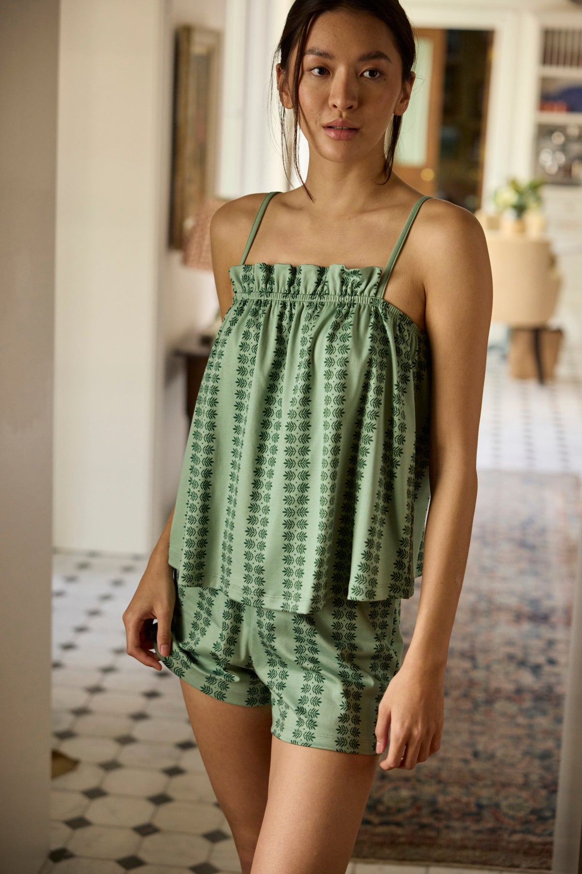 Pima Ruffle Shorts Set in Granite Green Trellis