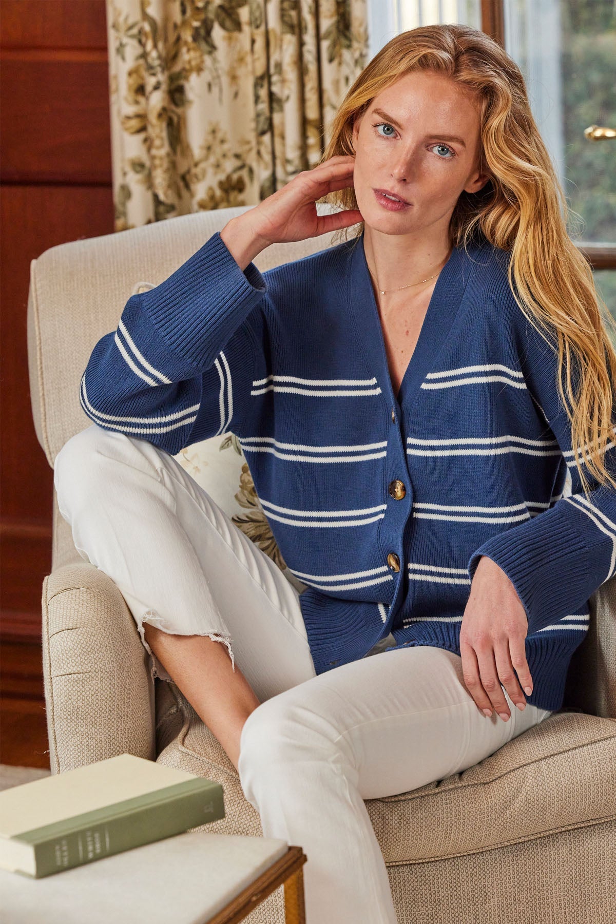 Nora Cotton Cardigan in Navy Ivory Stripe